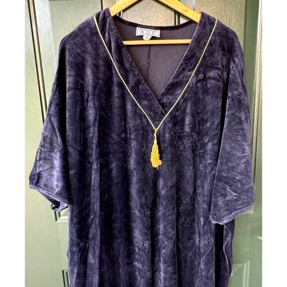 Vintage Retro Navy Velour Mrs Roper Caftan w/ Gold Piping & Tassel Winter, OS - Picture 2 of 7